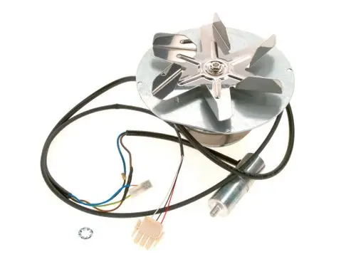 Abgasventilator von Bosch, zusammengesetzt aus einem metallischen Rotor mit mehreren Schaufeln und elektrischen Anschlusskabeln.